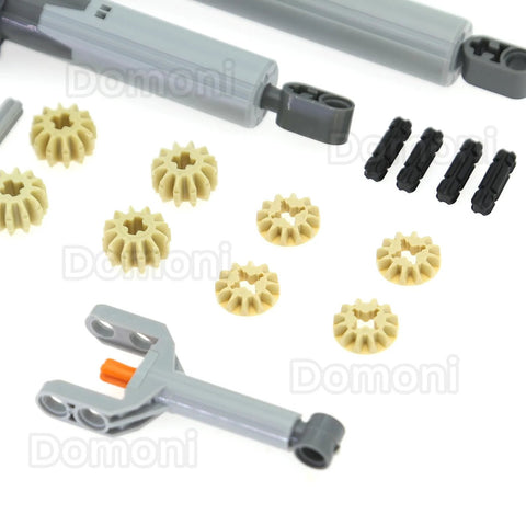 22-piece Lego-compatible linear actuator kit with gray actuators, beige gears, black connectors, and orange pins