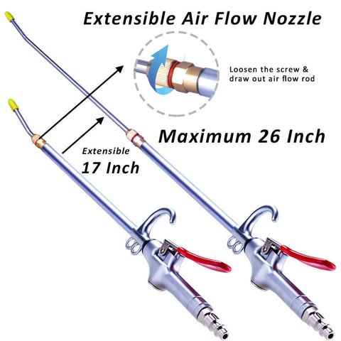 High Volume Powerful Industrial Air Blow Gun, 17-26 Inch Extensible Stainless Steel Air Flow Nozzle, Pneumatic Air Compressor Accessories Tool, Extended Dust Air Blower Gun with 360 Degree Swivel Hook showing adjustable nozzle.