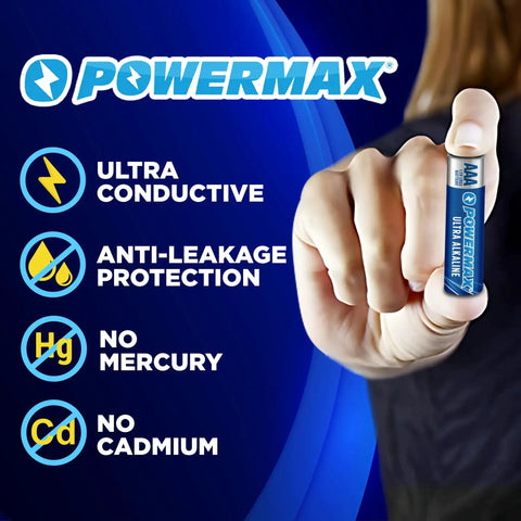 Hand holding a Powermax AAA battery with text about ultra conductivity, anti-leakage, no mercury, and no cadmium; 24 Pack AAA Alkaline Batteries Ultra Long Lasting For Home And Office Use.