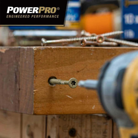 ✝️ Power Pro Premium Exterior Wood Screws, #10 x 4-1/2" deck screws being installed into wood with drill, bronze, 800 pieces | 967783
