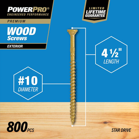Power Pro Premium Exterior Wood Screws, #10 x 4-1/2" All-Purpose Deck Screws, 800 Pieces, bronze color with T-25 star bit included.