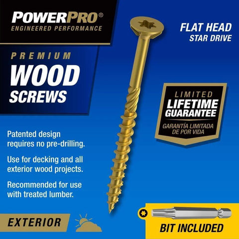 Power Pro Premium Exterior Wood Screws, #10 x 4 Inch All-Purpose Deck Screws for Outdoor Projects, flat head star drive, bronze.