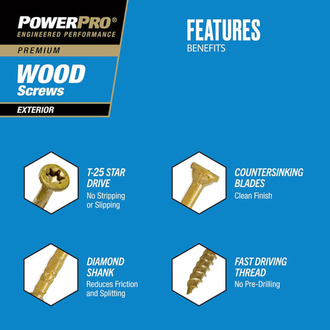 Features of ✝️ Power Pro Premium Exterior Wood Screws, including T-25 star drive, countersinking blades, diamond shank, fast driving thread