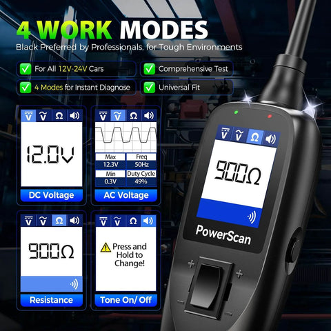 PowerScan PS100 Power Circuit Probe Tester showing 4 work modes for DC voltage, AC voltage, resistance, and tone on/off.