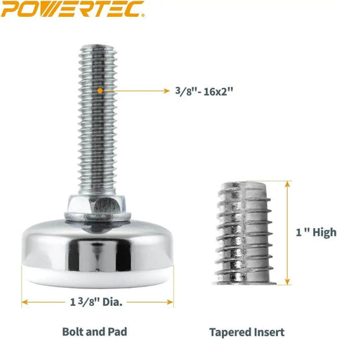 Heavy Duty Adjustable Furniture Levelers 4 Pack By Powertec With Three Eighths Inch By Sixteen Threaded Inserts and nylon base