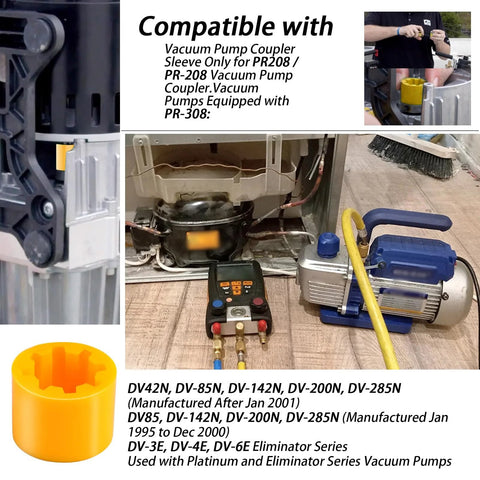 PR308 vacuum pump coupler sleeve, orange plastic, front view, compatible with PR208 pumps