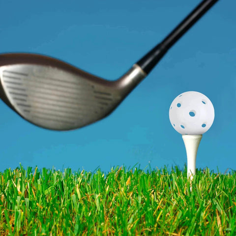 Golf club about to hit Practice Golf Balls 24 Pack, 42mm Plastic Golf Balls, Practice Golf Balls for Backyard