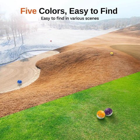 Full Choice Practice Golf Balls (20 Pack) in five colors on different terrains for indoor/outdoor use, limited-flight training balls.