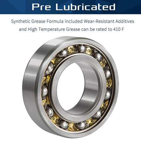 Close-up of a flanged ball bearing with text highlighting it as pre-lubricated for high temperature and wear resistance.