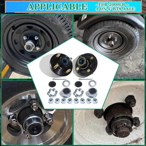 Pre Lubricated Trailer Hub Kit For 2000 Lb Axles, 4 On 4 In Bolt Pattern, 1 In BT8 Straight Spindle, EZ Lube Bearings And Grease Seal, L44643 Inner And Outer Bearings, 4 Lug Idler Hub Wheel Hubs Kit shown in various views and installations.