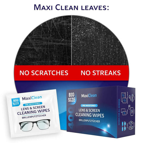 Pre-Moistened Glasses Wipes For Eyewear And Screens Ammonia Free 400 Count, showing individual wipe and packaging, highlighting no scratches or streaks.