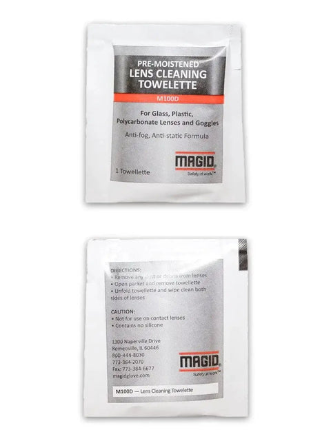 Lens Cleaning Towelettes 100 Pack Pre Moistened Silicone Free Glasses Cleaner, individual towelette packaging front and back view.