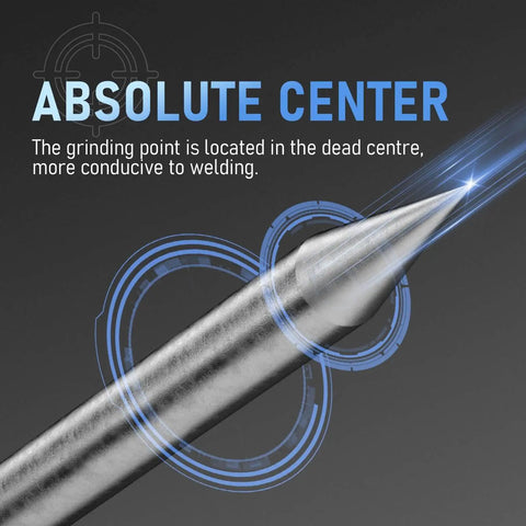 Close-up of Pre-Sharpened 2% Lanthanated TIG Tungsten Electrode tip showing precise center grind for arc stability by YesWelder.