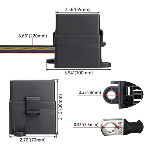Dimensions and features of 12V Pre Wired Fuse Relay Box With Two 4 Pin 80A Relays And Six ATC ATO Blade Fuses Ready For Cars Trucks Jeeps Heavy Duty Automotive Power Distribution Block Kit Pre Wired Input And Output Pins For Easy Plug And Play Wiring