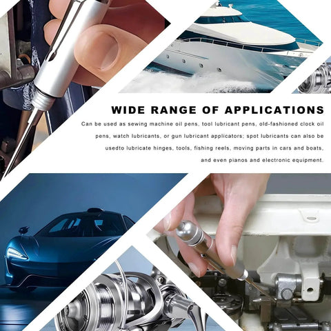 Various uses of the Precision Aluminum Oiling Pen With Solid Needle And Pocket Clip, including machinery, cars, and boats lubrication.