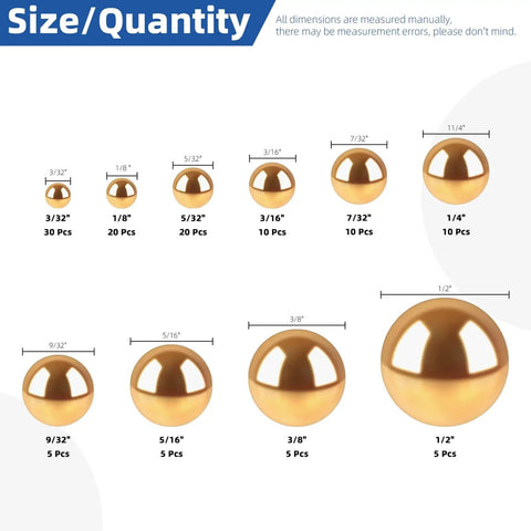 Size chart of Precision Brass Bearing Balls Set 120-Piece Assortment 3/32 to 1/2 inch Sizes for Machinery Automotive Valves Yellow Brass Balls