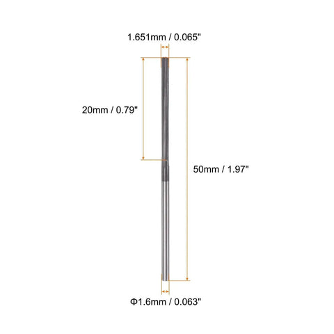 Precision Carbide Chucking Reamer 0.065 Inch Straight Flute With Straight Shank For Metal Lathe And CNC Machining Centers Uncoated Black Tool 20mm Cutting Length 50mm Overall Length 1.6mm Shank HARFINGTON shown with measurements
