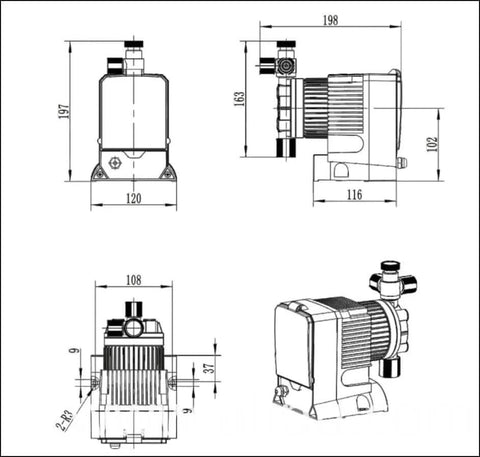 Technical diagram of Precision Controls Diaphram Metering Chlorine Chemical Water Pump -31.6 GPD, 150 PSI - 115 Volt