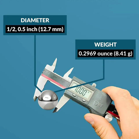 Caliper measuring 1/2 inch Chrome Steel Bearing Ball in Precision Chrome Steel Bearing Balls Half Inch Diameter G25 Pack Of 100 Pieces For Bearings And Machinery ISO 9001 2008 Certified For Durability And Low Maintenance Great For Diy Projects And Industrial Use
