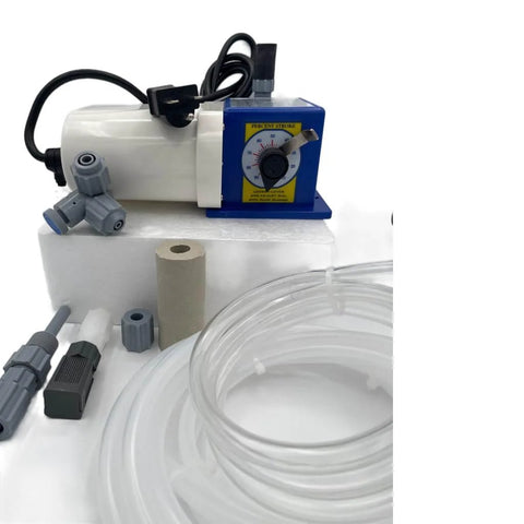 Precision Controls - Chem Flow Diaphragm Pump, 30 GPD Max,100 PSI, 230 Volt Metering Pump with 3/8'' tubing, front view