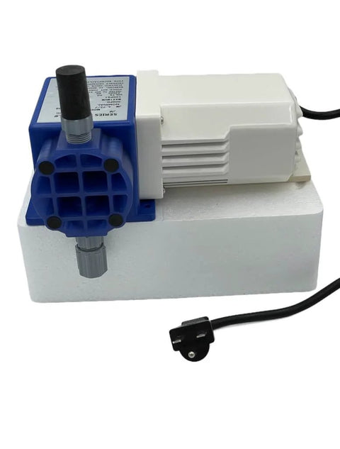 Front view of Precision Controls - Chem Flow Diaphragm Pump, 30 GPD Max,100 PSI, 230 Volt, with tubing connections