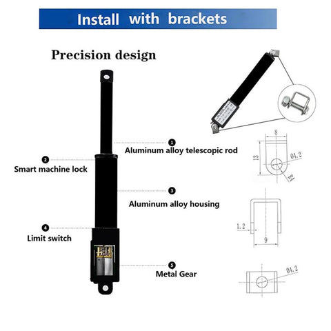 URANT Mini 12V electric linear actuator with aluminum housing, 30mm stroke, waterproof switch, mounted with brackets