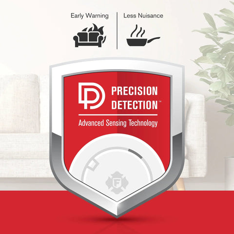 Precision Detection badge with early warning and less nuisance symbols on sofa background, promoting SMI100 Battery Operated Smoke Alarm.