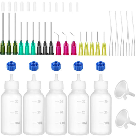 30ml Glue Precision Tip Applicator Bottle With Needle Tip Squeeze Bottle and Interchangeable Pro Grade 14ga 16ga 18ga 20ga 25ga Blunt Needles Oiler and Storage Caps For Precise Adhesive Dispensing By Ehoycq, showing bottles, needle tips, and caps.
