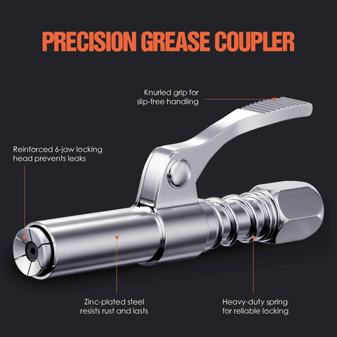 Grease Gun Coupler 2-Pack Quick Release Tips With One-Hand Operation, 6-Jaw Locking, steel, fits One-Eighth NPT Thread, side view