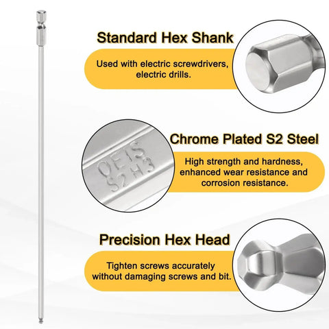 Five Piece Ball End Hex Screwdriver Bit Set H3 3mm With Quarter Inch Hex Shank And Two Hundred Millimeter Long Magnetic S2 Steel