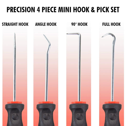Precision 4 Piece Pick and Hook Set for Auto Repair with scratch awl, 90 degree hook, complex hook, curved hook, ergonomic grip.