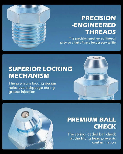 All In One 150 Piece Metric Grease Fittings Kit With M6 M10 Straight And 45 Degree And 90 Degree Angled Hydraulic Zerk Assortment In Galvanized Steel For Replacing Missing Or Broken Nipples In Automotive And Industrial Use ZELCAN precision engineered threads and locking mechanism