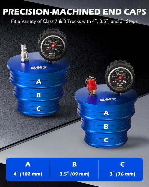 Two blue aluminum CAC boost leak tester canisters with 4, 3.5, and 3 inch end caps and pressure gauges (Orion Motor Tech).