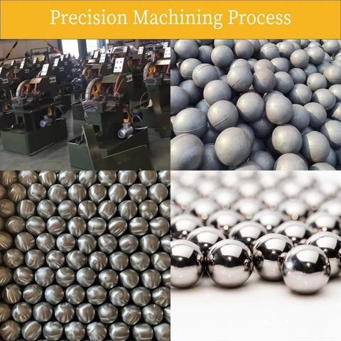 Precision machining process showcasing machinery and various metal balls in different stages of production and polish.