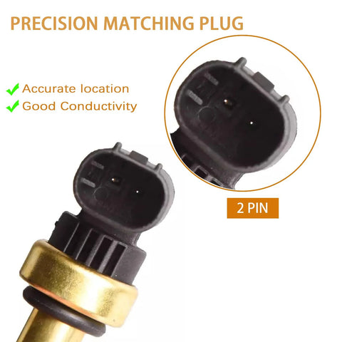 Engine coolant temperature sensor with brass body and black 2-pin connector, front view