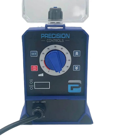 Front view of Precision Controls Diaphram Metering Chlorine Chemical Water Pump -31.6 GPD, 150 PSI - 115 Volt with control dial