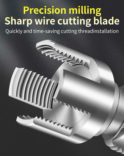Close-up of Dual Function Pipe Threading Tool Set for PVC Pipes Half Inch Three Quarter Inch One Inch Internal and External Threads blade