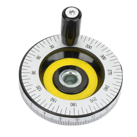 Precision Milling Hand Wheel 10x80mm With Scale, adjustable handle, black and yellow, shown from above for CNC and manual machinery.