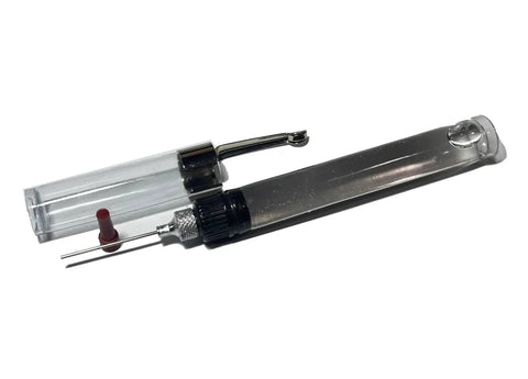 Two Pack Precision Needle Oiler Kit With Refillable Hypodermic Dispenser And One Half Ounce Capacity Each Narrow One Sixteenth Inch Needle For Pinpoint Lubrication In Tight Or Hard To Reach Places General Purpose Lightweight Plastic Compatible Oil For, showing clear plastic oilers with fine needle tips designed for precise application.
