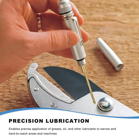 Aluminum Precision Oiler Pen with solid needle lubricating mechanical equipment, ideal for narrow reach lubrication.