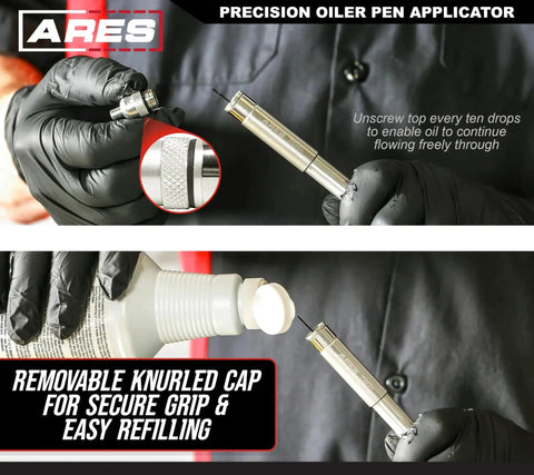 Gloved hand unscrewing and refilling Precision Oiler Pen Applicator For Tight Spaces, An Aluminum 15ml Reservoir Pen That Precisely Applies CLP Ballistol And Other Lubricants With A Leak Resistant Screw Cap, Replaceable O Rings, And A Handy Pocket Clip For On The Go Use.
