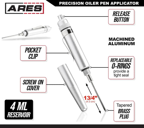 Precision Oiler Pen Applicator For Tight Spaces featuring machined aluminum, 4ml reservoir, replaceable O-rings, and pocket clip.