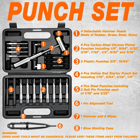 Pin Punch Set With Hammer And Roll Pin Tools in chrome vanadium steel shown in carry case with various tool sizes labeled.