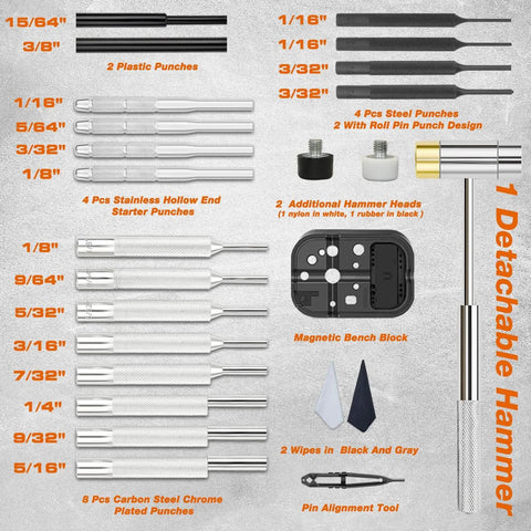 Pin Punch Set With Hammer And Roll Pin Tools in Chrome Vanadium Steel displayed with various sizes and a magnetic bench block.