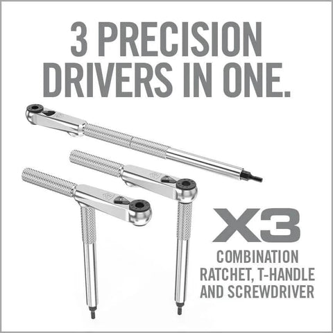 Real Avid Smart-Torq Fixed Limiter & X3 Driver Kit showing three precision combination ratchet, T-handle, and screwdriver tools.