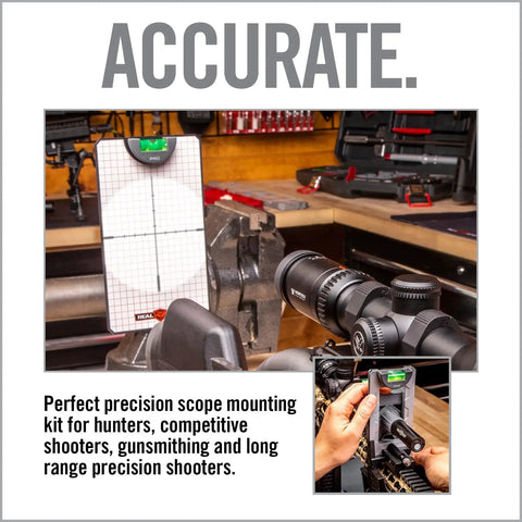 Complete Scope Mounting Kit And Precision Leveling System For Rifles shown on a workbench for accurate installation.