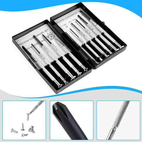 11 Piece Tiny Precision Screwdriver Set With Slotted And Phillips Heads displayed in black compact case