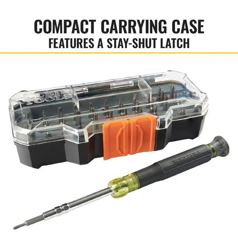 All In One Precision Screwdriver Set With 39 Bits For Apple Devices Magnetic Dual End Barrel For One Handed Fastener Retention Case Included Klein Tools Pro Repair Kit For Tech Enthusiasts shown with carrying case and screwdriver