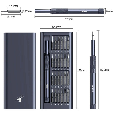 Dimensions of 25 In 1 Precision Screwdriver Set with 24 Bits for electronics, including handle and compact case.