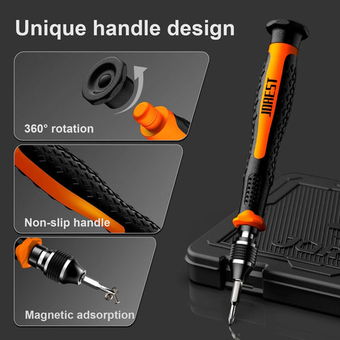 Close-up of rotatable non-slip handle with magnetic tips in 40 Piece Precision Screwdriver Set With Torx Triwing And Phillips Bits For electronics.